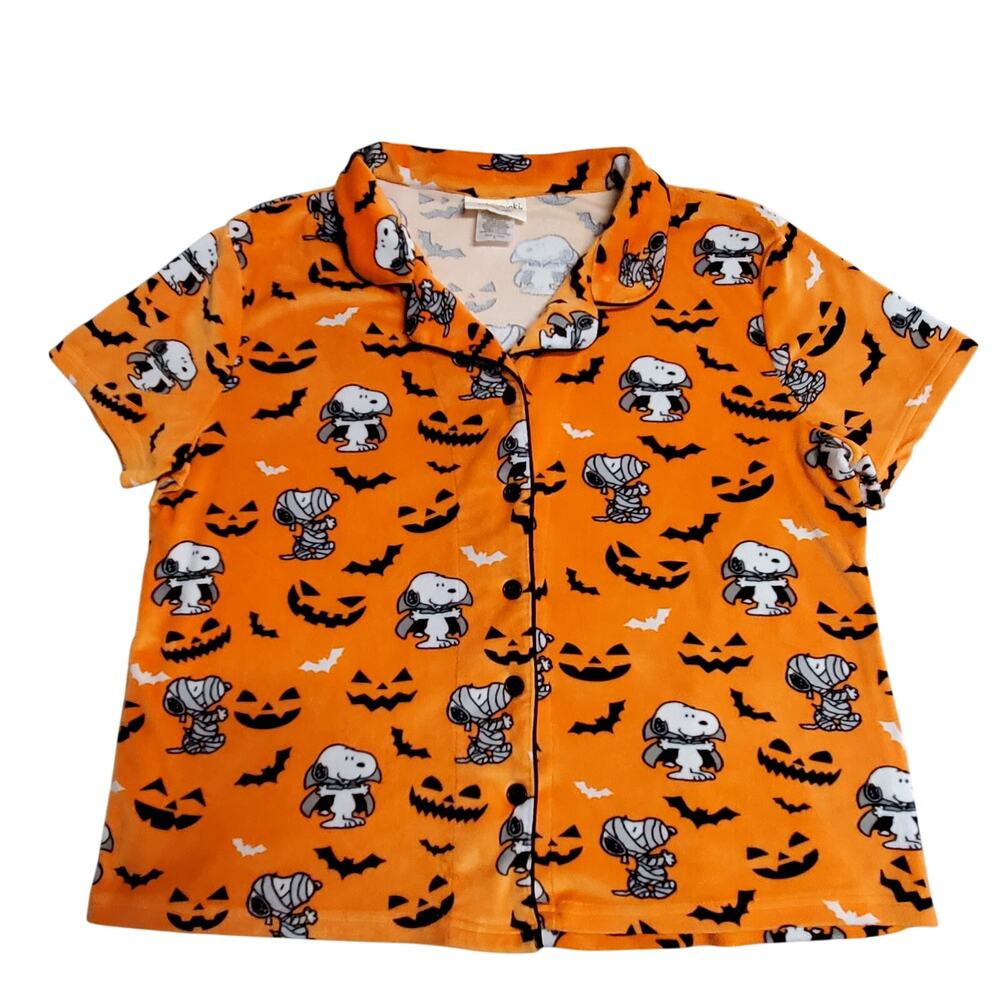 Munki Munki Peanuts Halloween PJ Top Womens XL Orange Snoopy Mummy Short Sleeve